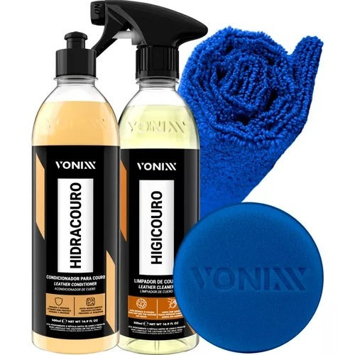 Kit Limpar Hidratar Couro Vonixx Higicouro + Hidracouro + Toalha Microfibra + Aplicador
